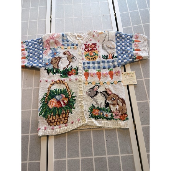 Susan Bristol Sweaters - 1995 Vtg Susan Bristol Bunny Basket Cardigan NWT 3D Embellish Easter Sweater L